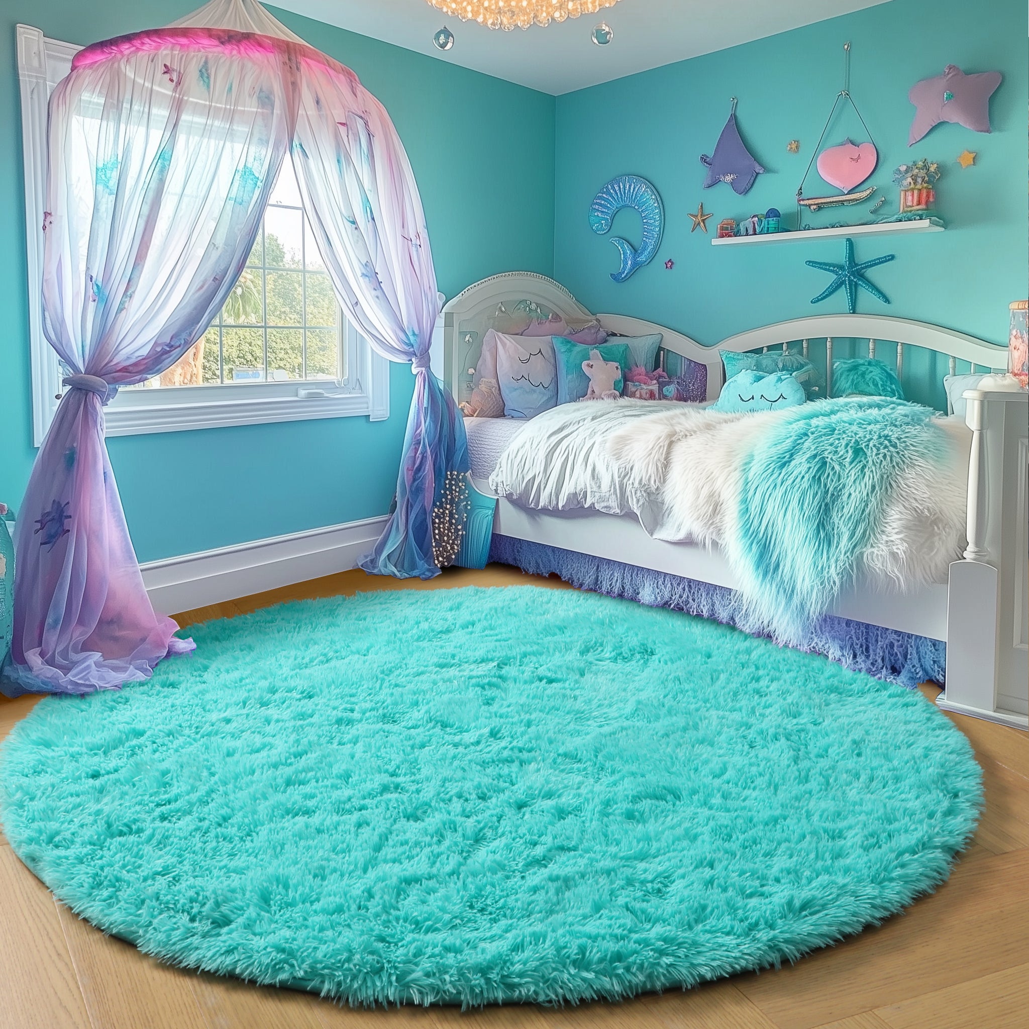 PAGISOFE Fluffy Kawaii Round Rug 4Ft for Girls Bedroom Decor, Purple Rainbow Mermaid Rugs for Kids Playroom, Teen Girl Room, Nursery, Dorm, Cute Furry Pastel Rug, Soft Plush Tent Carpet