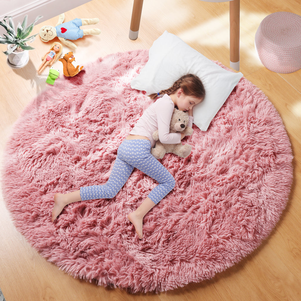 PAGISOFE Fluffy Kawaii Round Rug 4Ft for Girls Bedroom Decor, Purple Rainbow Mermaid Rugs for Kids Playroom, Teen Girl Room, Nursery, Dorm, Cute Furry Pastel Rug, Soft Plush Tent Carpet