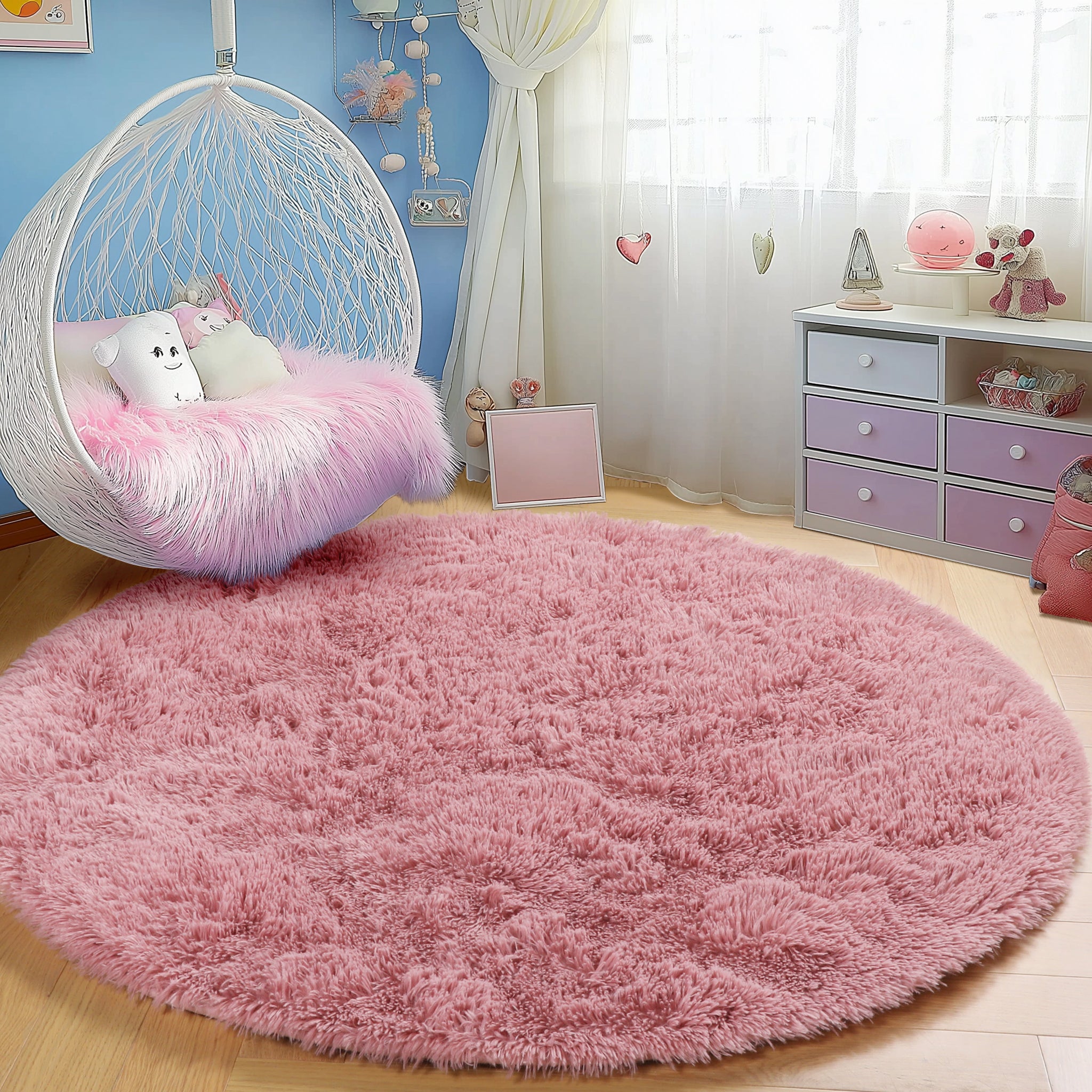 PAGISOFE Fluffy Kawaii Round Rug 4Ft for Girls Bedroom Decor, Purple Rainbow Mermaid Rugs for Kids Playroom, Teen Girl Room, Nursery, Dorm, Cute Furry Pastel Rug, Soft Plush Tent Carpet