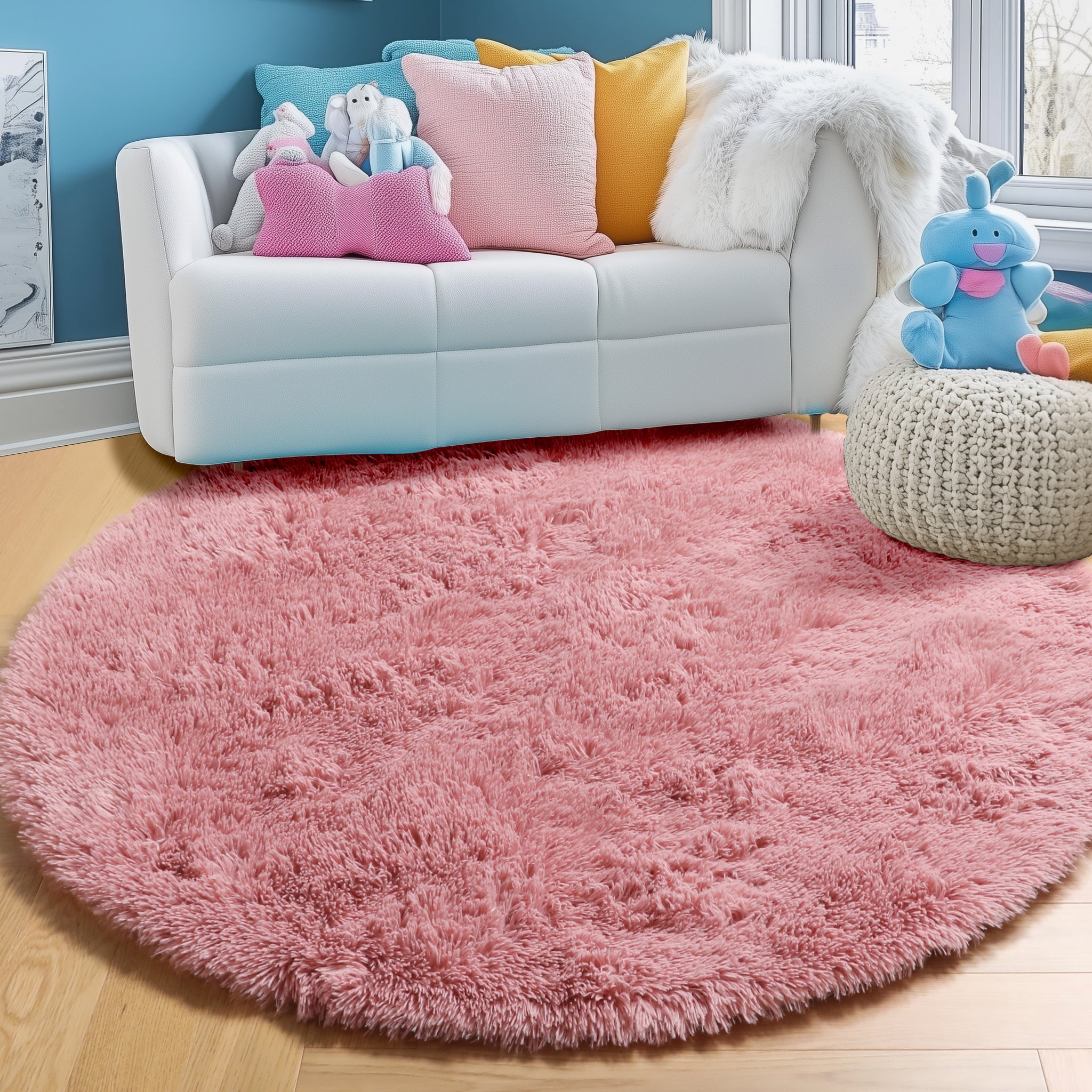 PAGISOFE Fluffy Kawaii Round Rug 4Ft for Girls Bedroom Decor, Purple Rainbow Mermaid Rugs for Kids Playroom, Teen Girl Room, Nursery, Dorm, Cute Furry Pastel Rug, Soft Plush Tent Carpet