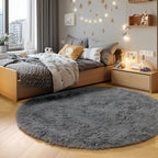 PAGISOFE Round Rug 4Ft, Grey Circle Rugs for Kids Bedroom, Fluffy Carpets for Bedroom Boys, Shaggy Living Room Rugs Small Teepee Furry Mat, Comfy Reading Nook Rug for Girls Boys Baby Room Nursery