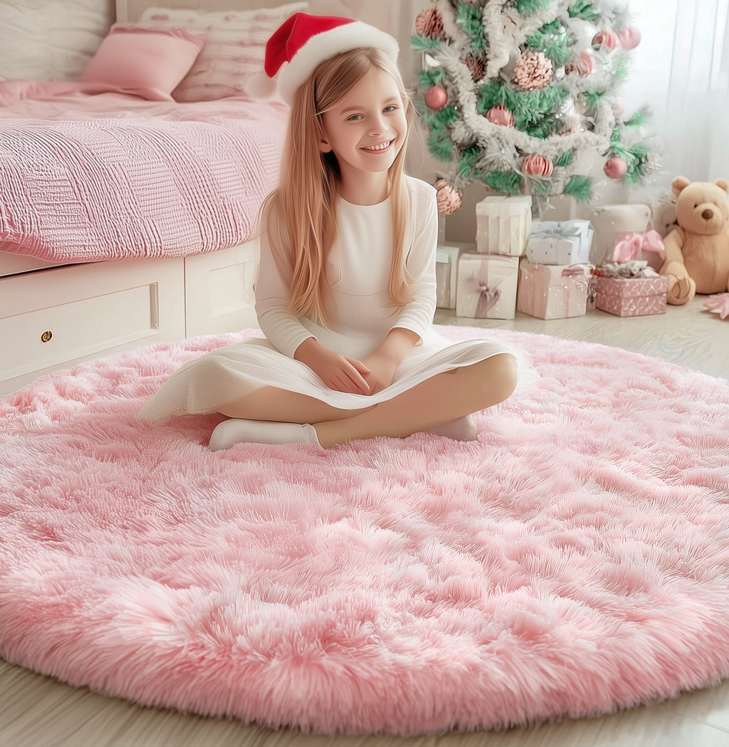 PAGISOFE Rainbow Purple Round Rug for Bedroom Girls 6Ft, Fluffy Cute Colorful Pastel Princess Carpet, Shaggy Girls Rug for Kids Room, Fuzzy Playroom Nursery Dorm Rugs, Hot Pink Purple Kids Room Decor