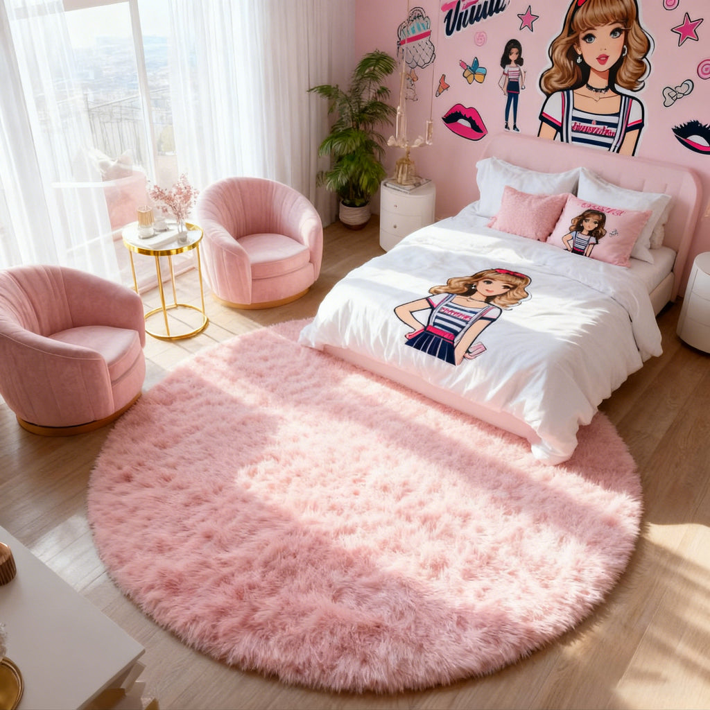 PAGISOFE Rainbow Purple Round Rug for Bedroom Girls 6Ft, Fluffy Cute Colorful Pastel Princess Carpet, Shaggy Girls Rug for Kids Room, Fuzzy Playroom Nursery Dorm Rugs, Hot Pink Purple Kids Room Decor