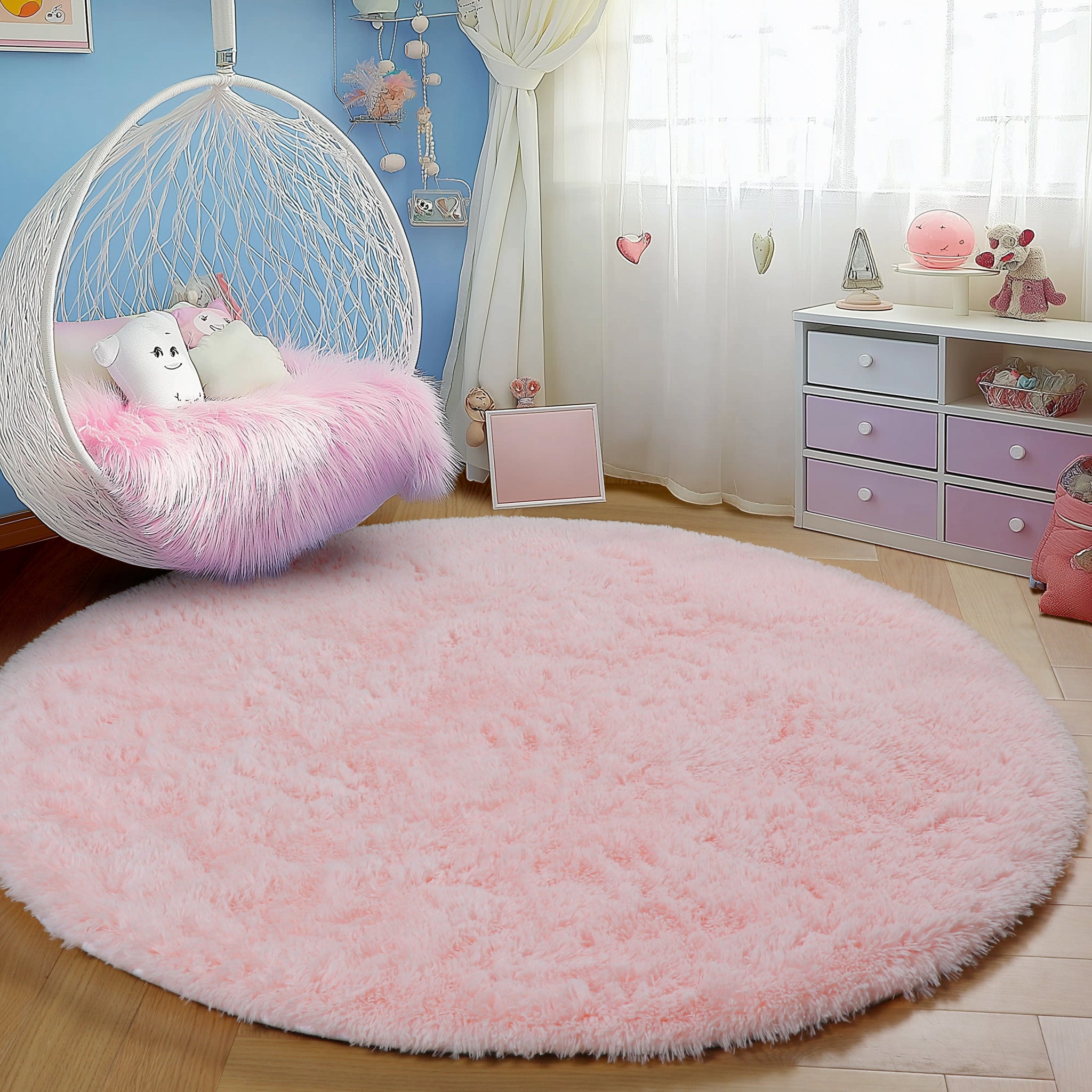 PAGISOFE Rainbow Purple Round Rug for Bedroom Girls 6Ft, Fluffy Cute Colorful Pastel Princess Carpet, Shaggy Girls Rug for Kids Room, Fuzzy Playroom Nursery Dorm Rugs, Hot Pink Purple Kids Room Decor