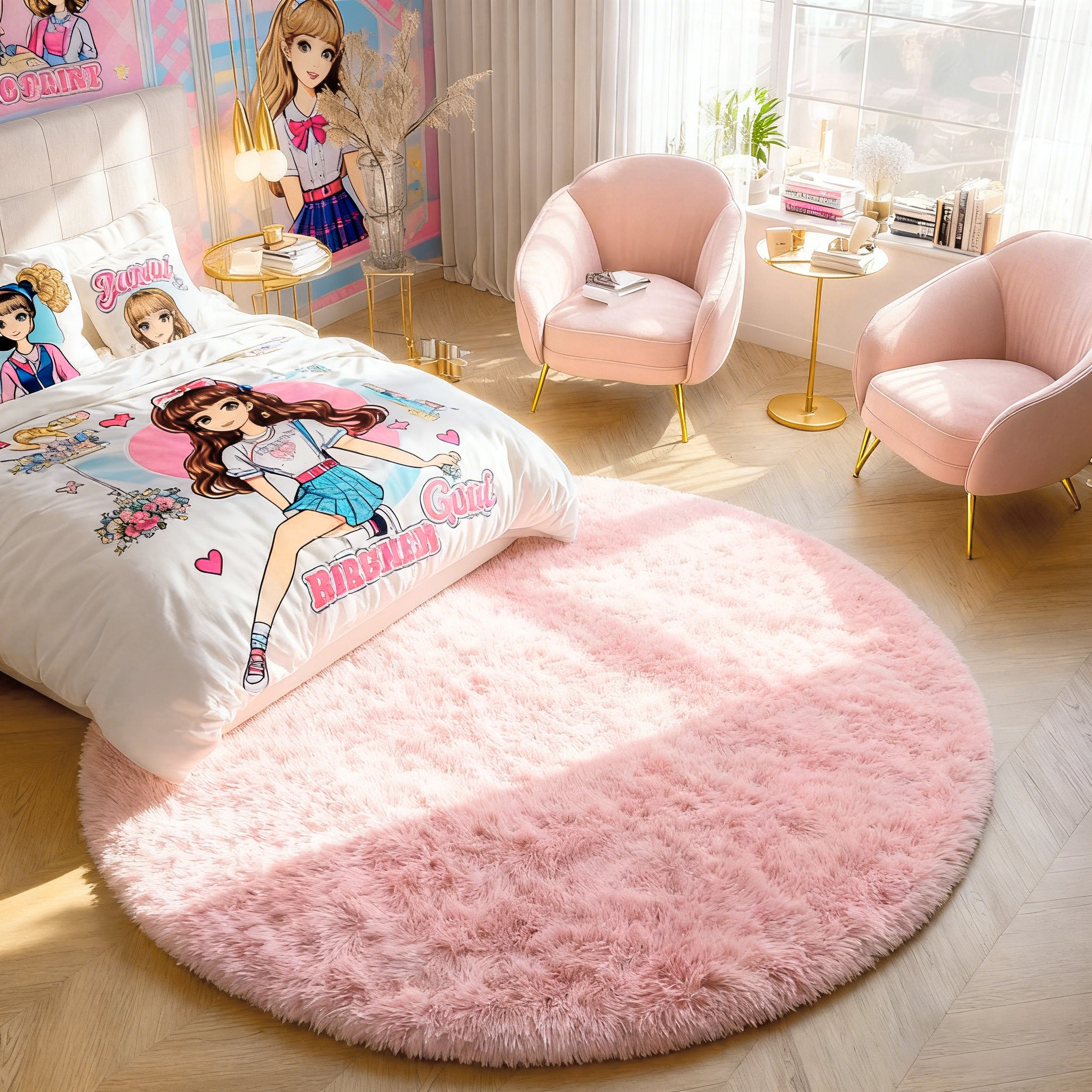 PAGISOFE Rainbow Purple Round Rug for Bedroom Girls 6Ft, Fluffy Cute Colorful Pastel Princess Carpet, Shaggy Girls Rug for Kids Room, Fuzzy Playroom Nursery Dorm Rugs, Hot Pink Purple Kids Room Decor