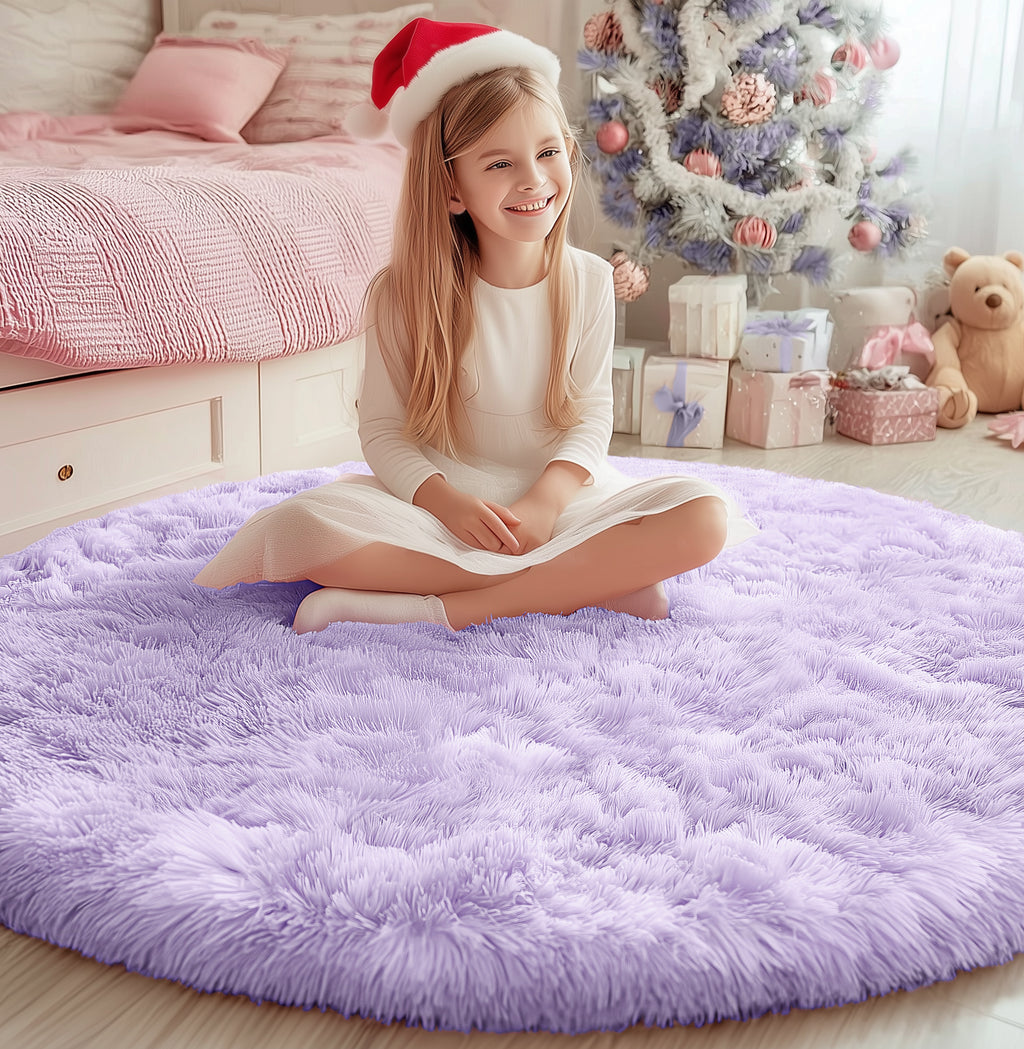 PAGISOFE Fluffy Kawaii Round Rug 4Ft for Girls Bedroom Decor, Purple Rainbow Mermaid Rugs for Kids Playroom, Teen Girl Room, Nursery, Dorm, Cute Furry Pastel Rug, Soft Plush Tent Carpet
