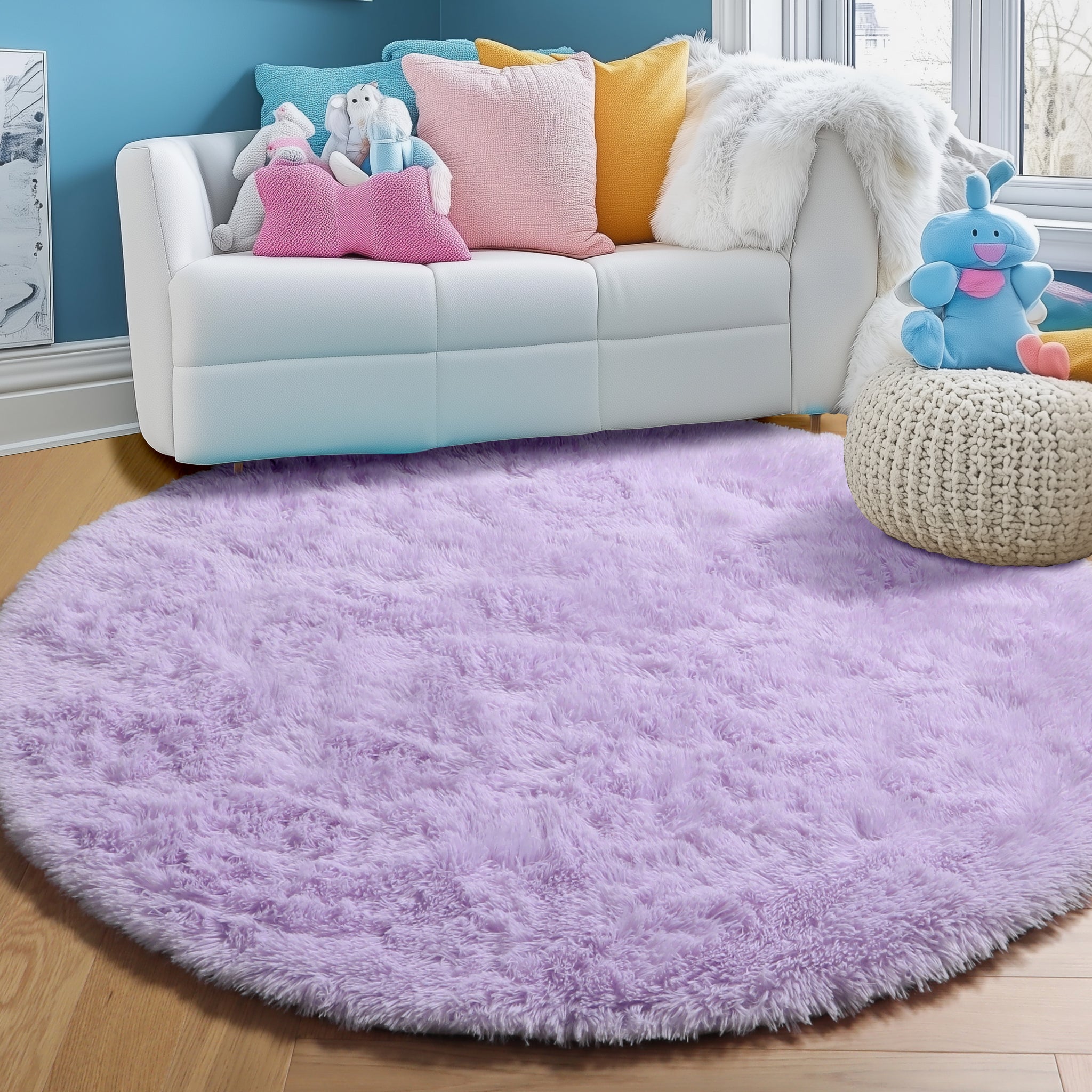 PAGISOFE Fluffy Kawaii Round Rug 4Ft for Girls Bedroom Decor, Purple Rainbow Mermaid Rugs for Kids Playroom, Teen Girl Room, Nursery, Dorm, Cute Furry Pastel Rug, Soft Plush Tent Carpet