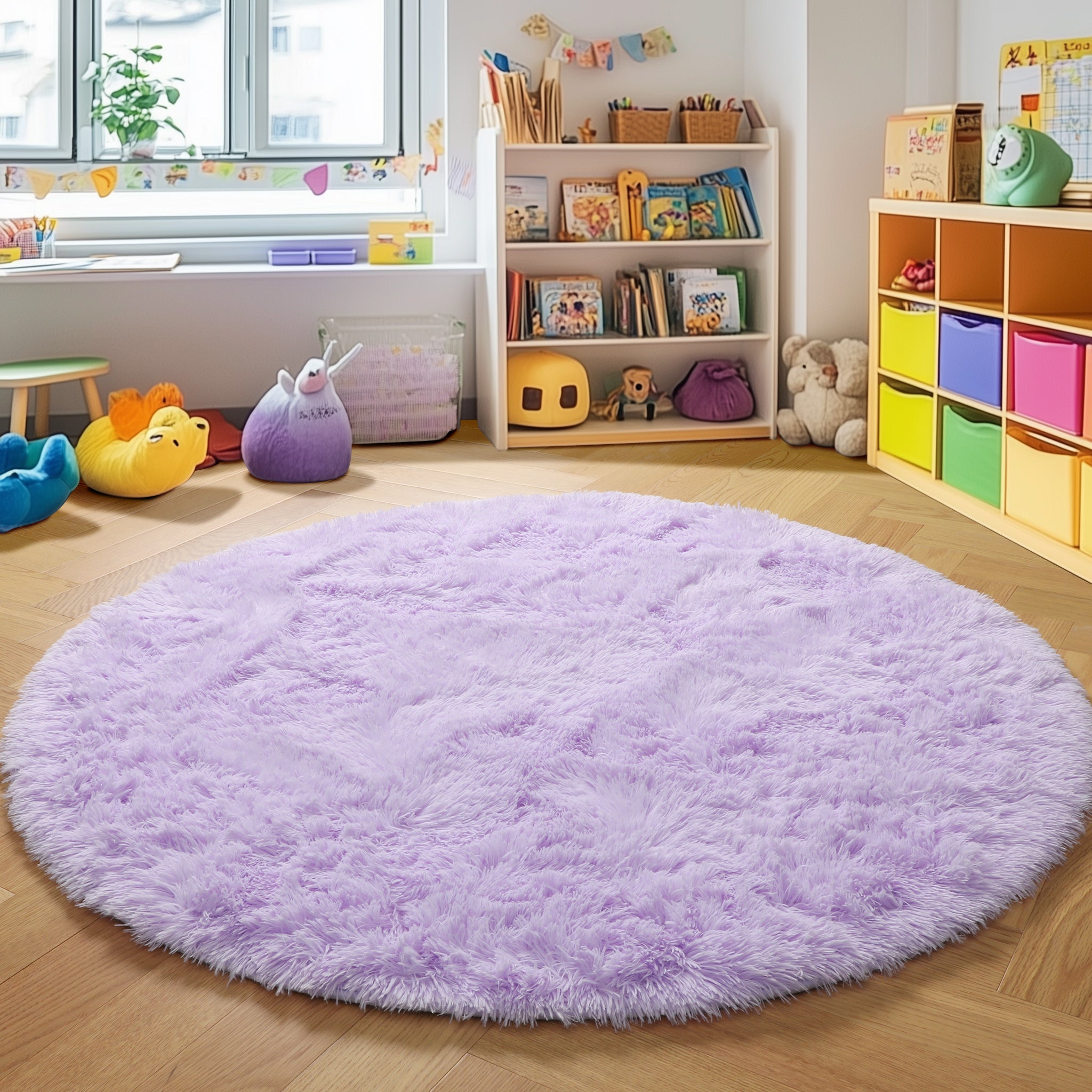 PAGISOFE Fluffy Kawaii Round Rug 4Ft for Girls Bedroom Decor, Purple Rainbow Mermaid Rugs for Kids Playroom, Teen Girl Room, Nursery, Dorm, Cute Furry Pastel Rug, Soft Plush Tent Carpet