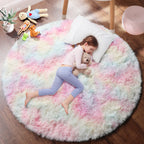 PAGISOFE Rainbow Purple Round Rug for Bedroom Girls 6Ft, Fluffy Cute Colorful Pastel Princess Carpet, Shaggy Girls Rug for Kids Room, Fuzzy Playroom Nursery Dorm Rugs, Hot Pink Purple Kids Room Decor