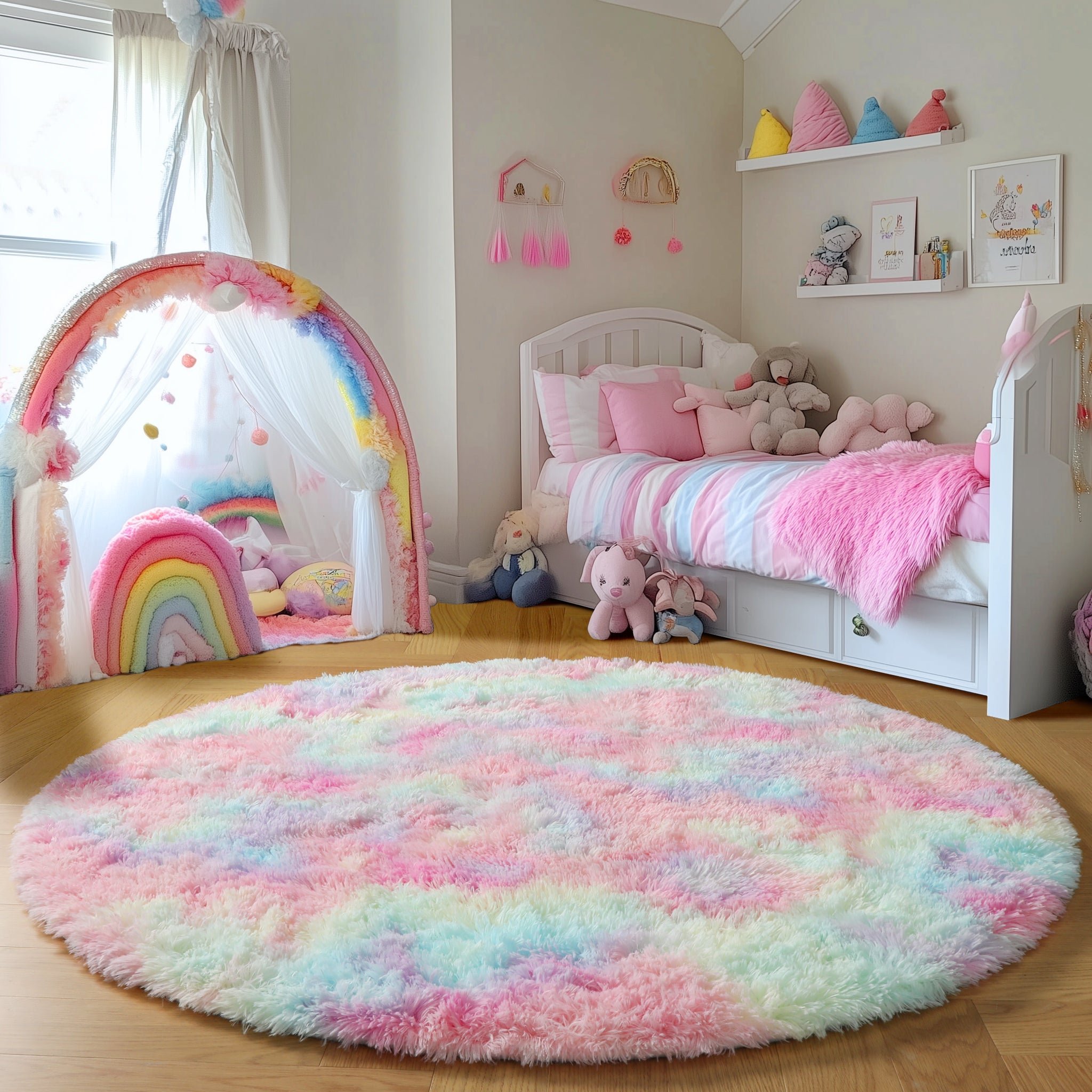 PAGISOFE Rainbow Purple Round Rug for Bedroom Girls 6Ft, Fluffy Cute Colorful Pastel Princess Carpet, Shaggy Girls Rug for Kids Room, Fuzzy Playroom Nursery Dorm Rugs, Hot Pink Purple Kids Room Decor
