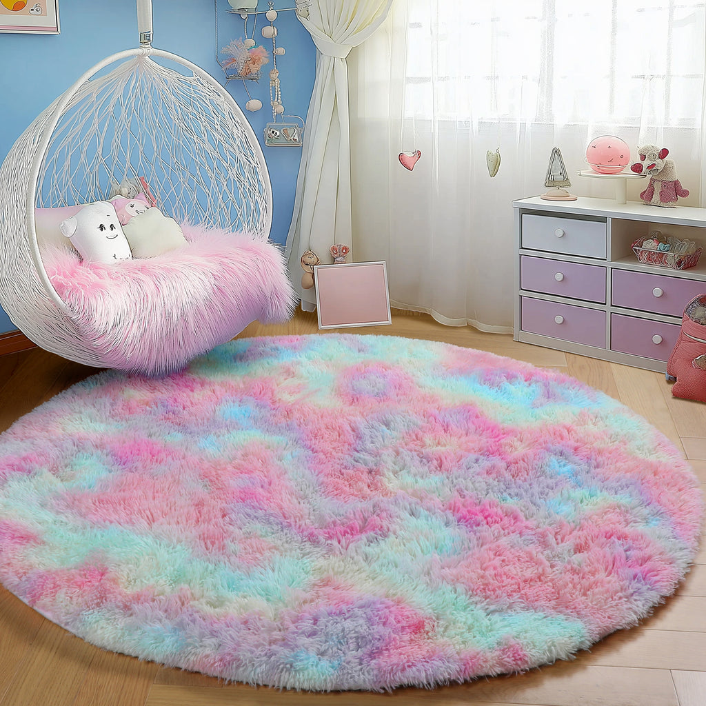 PAGISOFE Rainbow Purple Round Rug for Bedroom Girls 6Ft, Fluffy Cute Colorful Pastel Princess Carpet, Shaggy Girls Rug for Kids Room, Fuzzy Playroom Nursery Dorm Rugs, Hot Pink Purple Kids Room Decor
