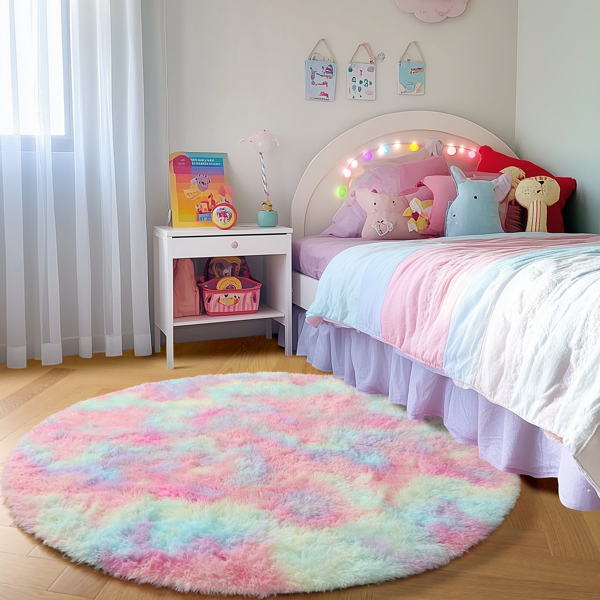PAGISOFE Rainbow Purple Round Rug for Bedroom Girls 6Ft, Fluffy Cute Colorful Pastel Princess Carpet, Shaggy Girls Rug for Kids Room, Fuzzy Playroom Nursery Dorm Rugs, Hot Pink Purple Kids Room Decor