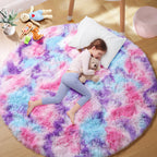 PAGISOFE Rainbow Purple Round Rug for Bedroom Girls 6Ft, Fluffy Cute Colorful Pastel Princess Carpet, Shaggy Girls Rug for Kids Room, Fuzzy Playroom Nursery Dorm Rugs, Hot Pink Purple Kids Room Decor