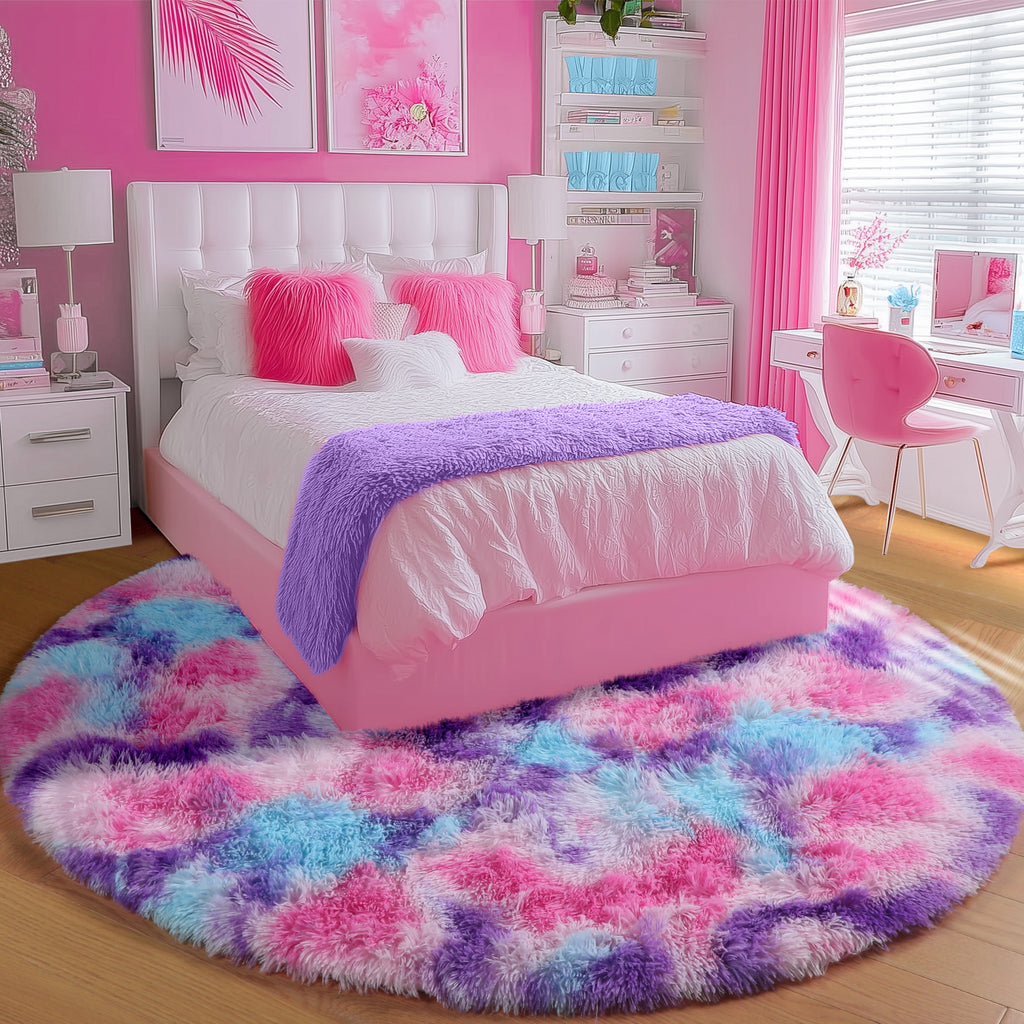 PAGISOFE Rainbow Purple Round Rug for Bedroom Girls 6Ft, Fluffy Cute Colorful Pastel Princess Carpet, Shaggy Girls Rug for Kids Room, Fuzzy Playroom Nursery Dorm Rugs, Hot Pink Purple Kids Room Decor