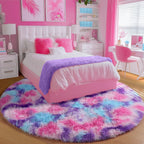 PAGISOFE Rainbow Purple Round Rug for Bedroom Girls 6Ft, Fluffy Cute Colorful Pastel Princess Carpet, Shaggy Girls Rug for Kids Room, Fuzzy Playroom Nursery Dorm Rugs, Hot Pink Purple Kids Room Decor