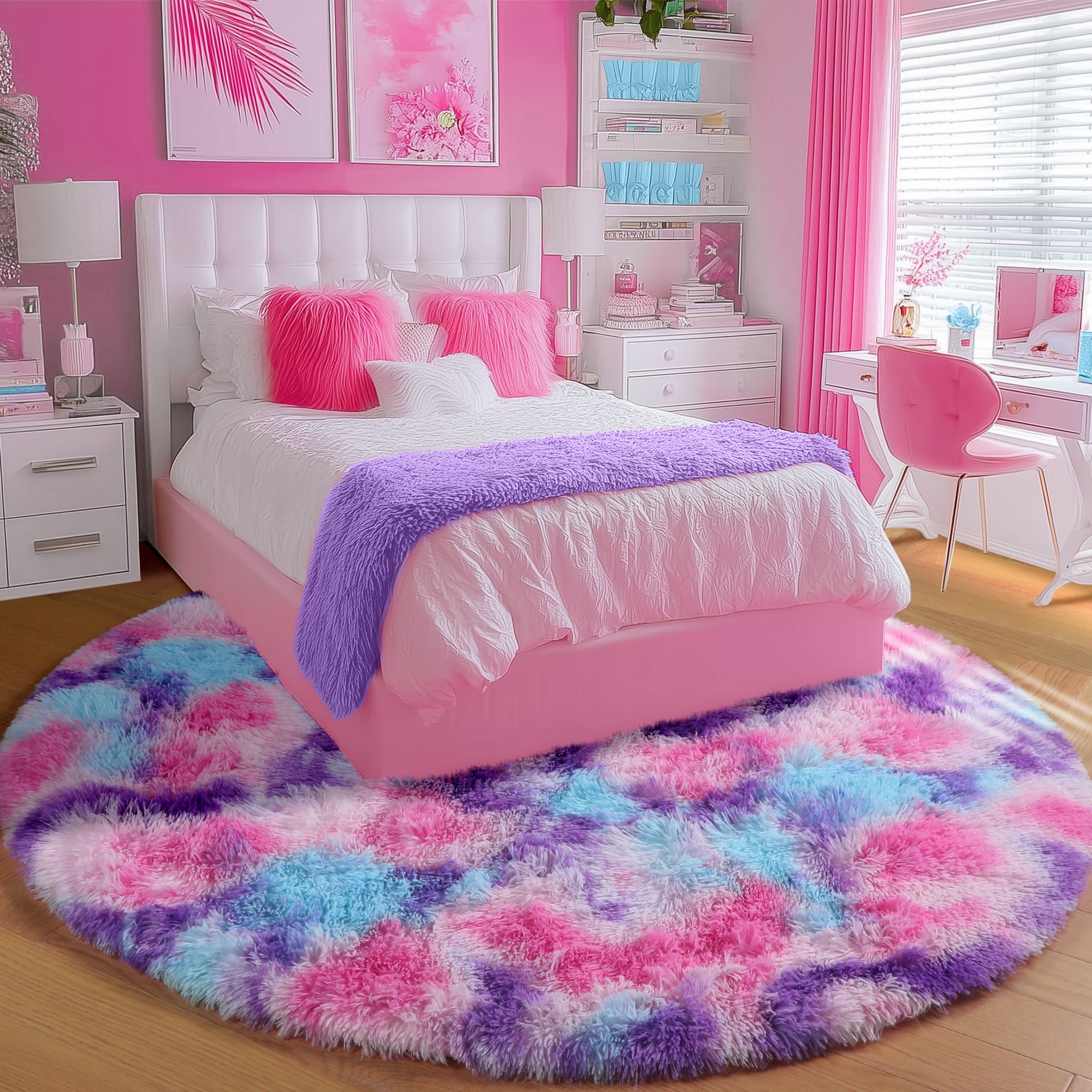 PAGISOFE Rainbow Purple Round Rug for Bedroom Girls 6Ft, Fluffy Cute Colorful Pastel Princess Carpet, Shaggy Girls Rug for Kids Room, Fuzzy Playroom Nursery Dorm Rugs, Hot Pink Purple Kids Room Decor