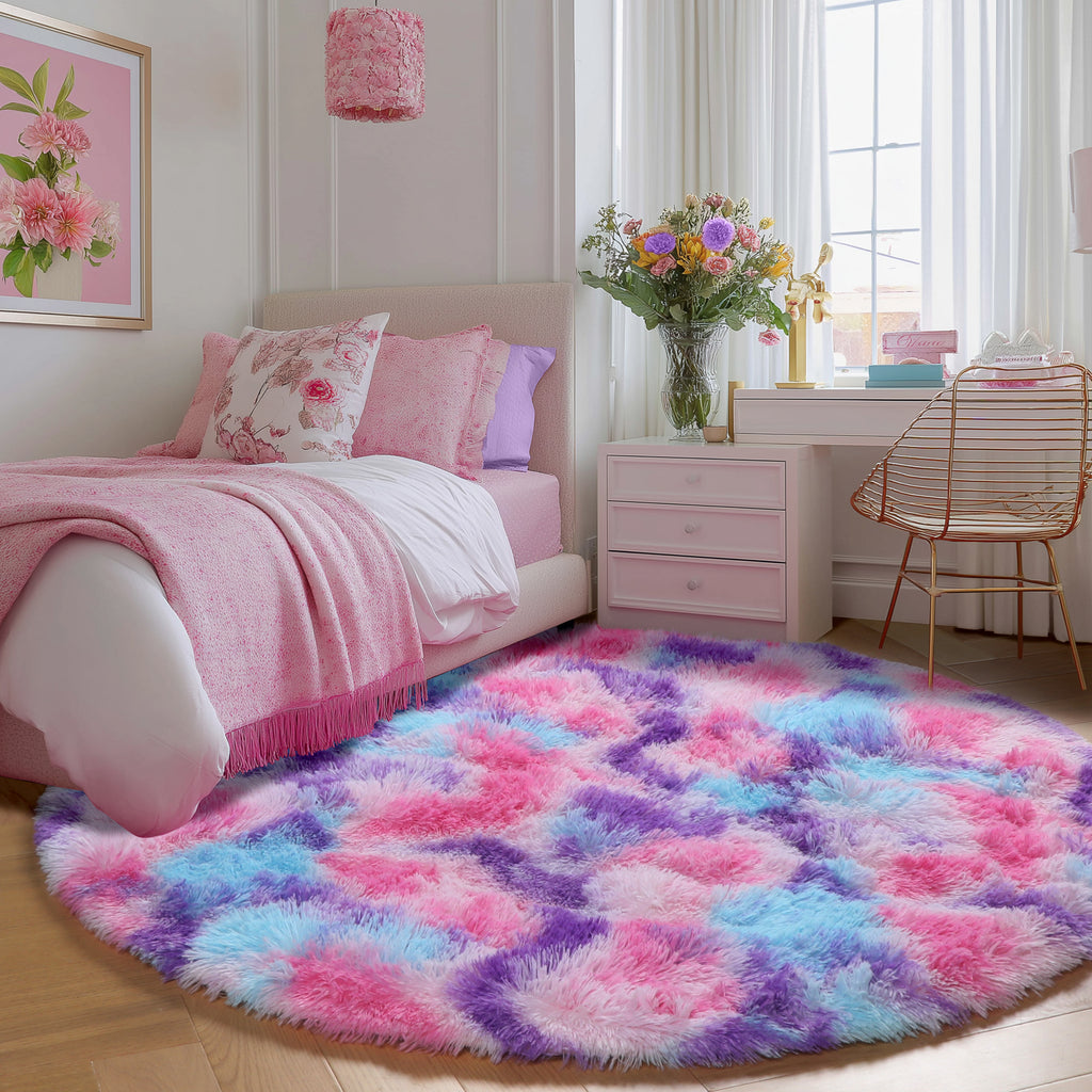 PAGISOFE Rainbow Purple Round Rug for Bedroom Girls 6Ft, Fluffy Cute Colorful Pastel Princess Carpet, Shaggy Girls Rug for Kids Room, Fuzzy Playroom Nursery Dorm Rugs, Hot Pink Purple Kids Room Decor