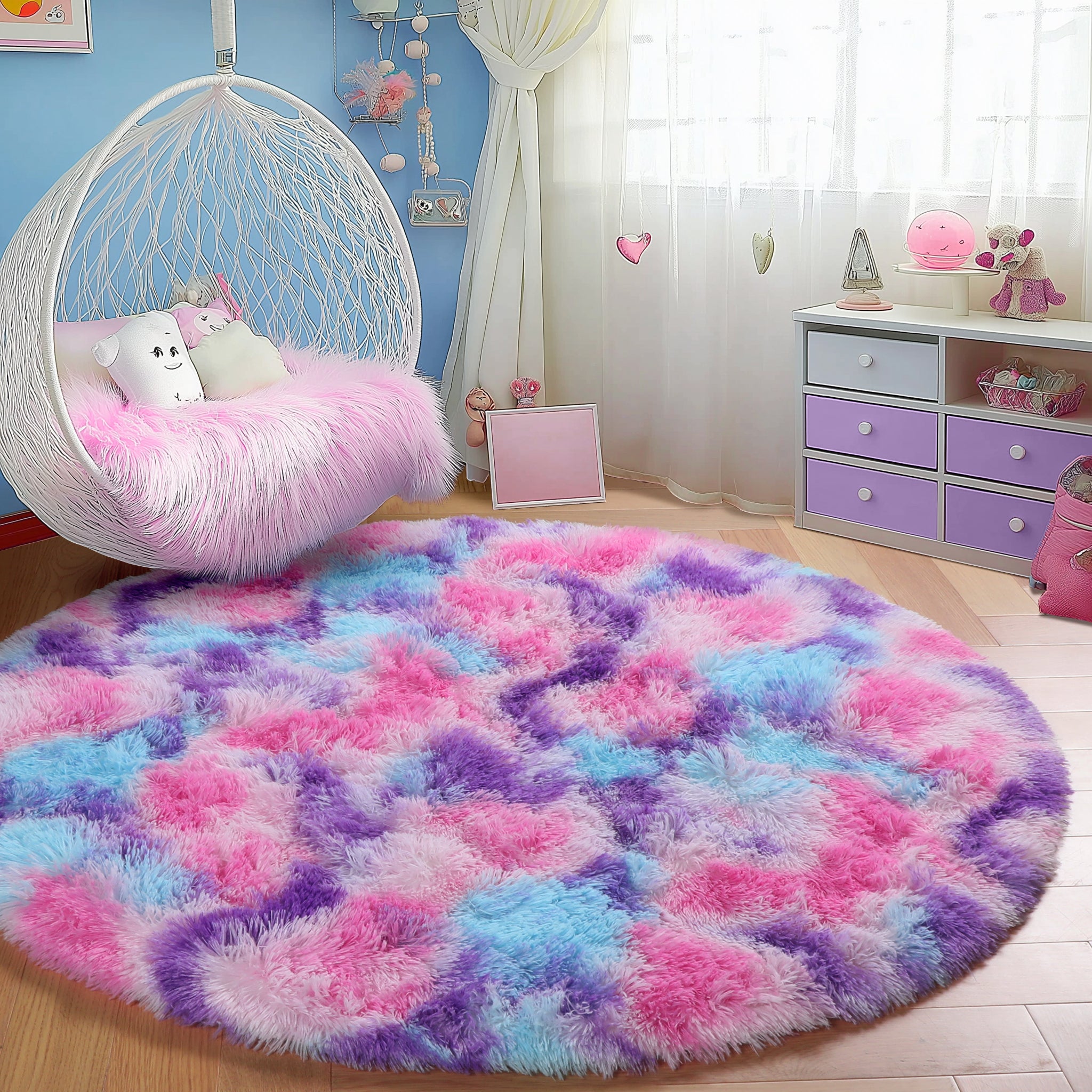 PAGISOFE Rainbow Purple Round Rug for Bedroom Girls 6Ft, Fluffy Cute Colorful Pastel Princess Carpet, Shaggy Girls Rug for Kids Room, Fuzzy Playroom Nursery Dorm Rugs, Hot Pink Purple Kids Room Decor