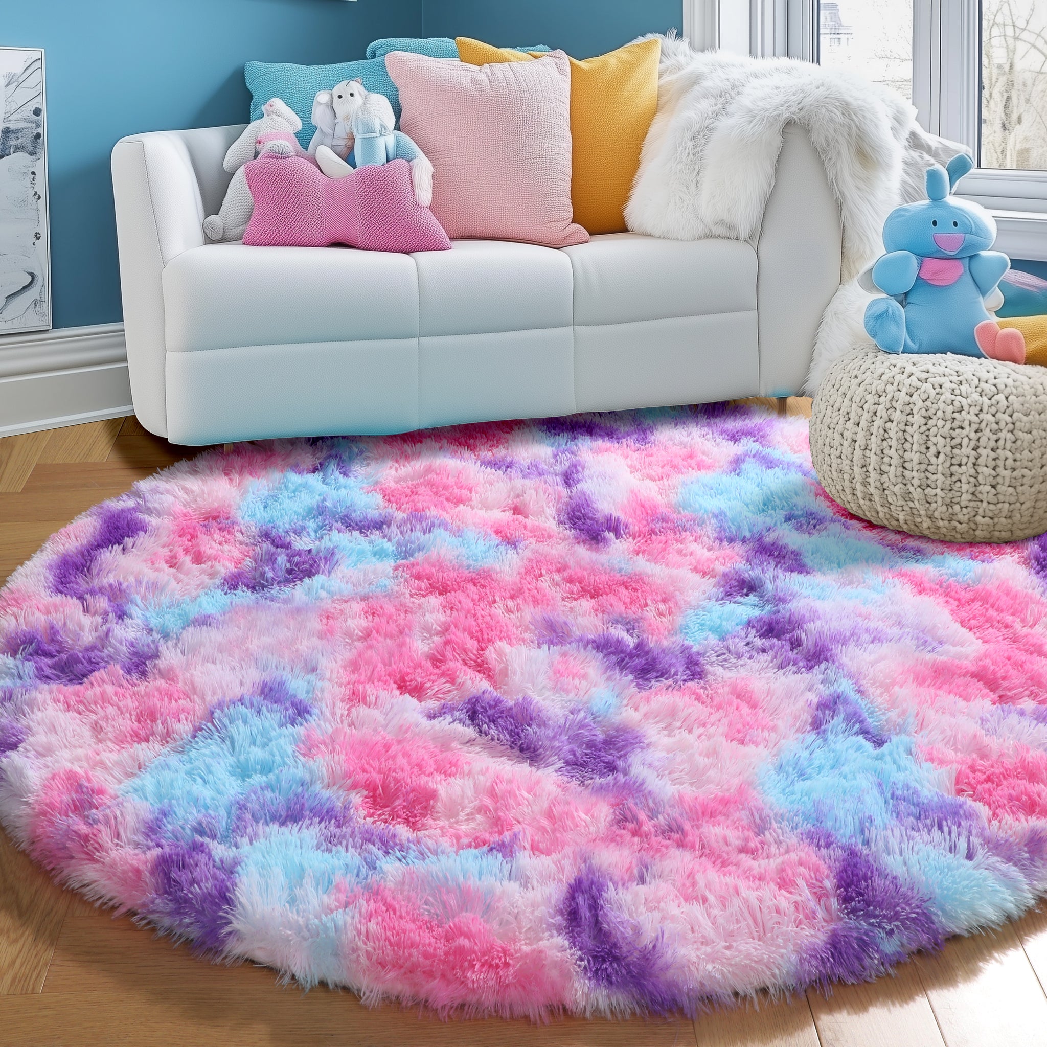PAGISOFE Rainbow Purple Round Rug for Bedroom Girls 6Ft, Fluffy Cute Colorful Pastel Princess Carpet, Shaggy Girls Rug for Kids Room, Fuzzy Playroom Nursery Dorm Rugs, Hot Pink Purple Kids Room Decor
