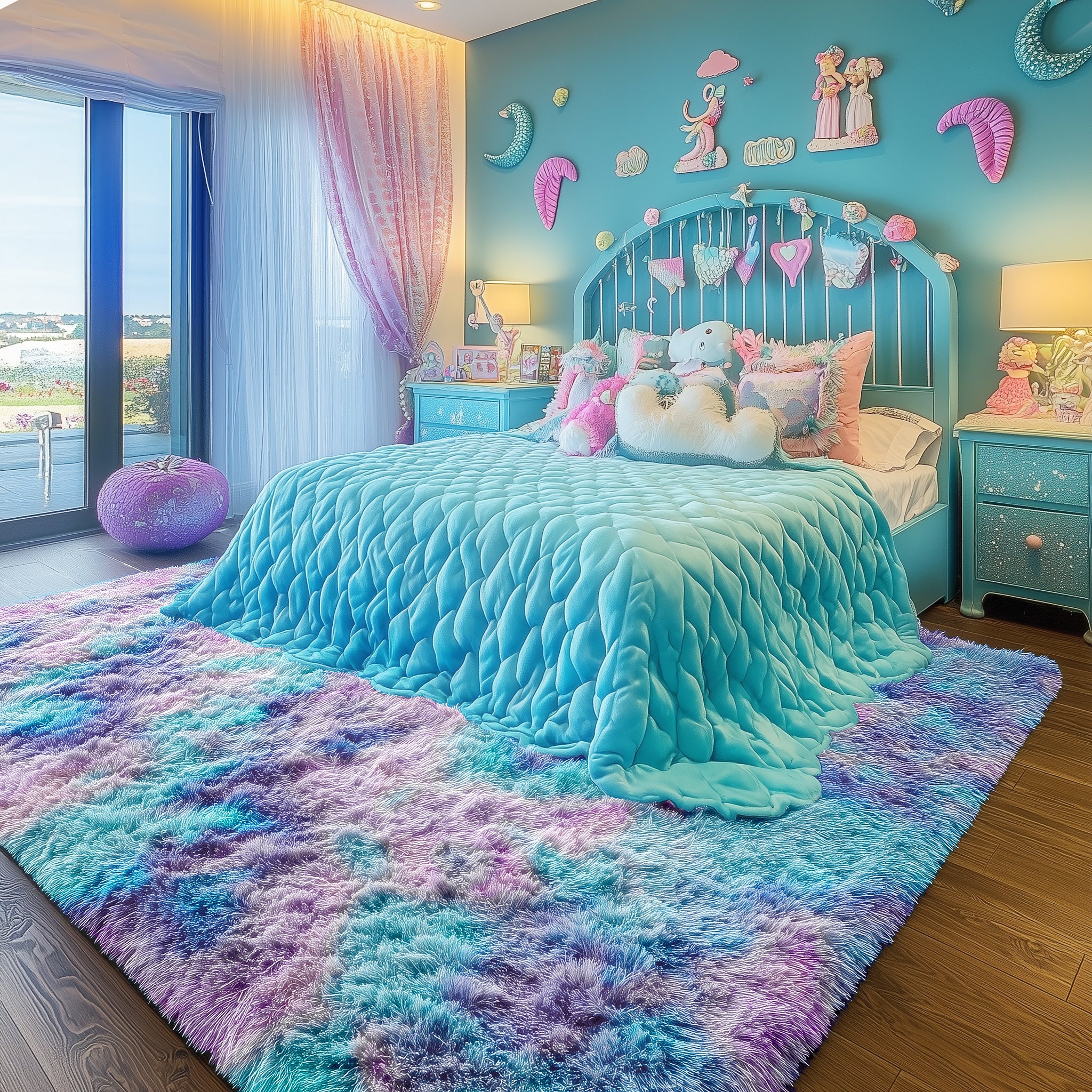 PAGISOFE Rainbow Purple Rugs for Girls Bedoom 5x7 Ft, Fluffy Cute Colorful Pastel Princess Carpet for Living-Room Kids Nursery, Ultra Soft Dorm Rug for Room Decor Aesthetic,Hot Pink Bedroom Decor
