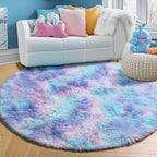 PAGISOFE Fluffy Kawaii Round Rug 4Ft for Girls Bedroom Decor, Purple Rainbow Mermaid Rugs for Kids Playroom, Teen Girl Room, Nursery, Dorm, Cute Furry Pastel Rug, Soft Plush Tent Carpet
