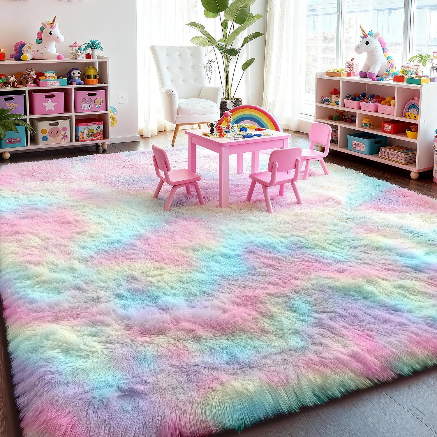 PAGISOFE Rainbow Purple Rugs for Girls Bedoom 5x7 Ft, Fluffy Cute Colorful Pastel Princess Carpet for Living-Room Kids Nursery, Ultra Soft Dorm Rug for Room Decor Aesthetic,Hot Pink Bedroom Decor