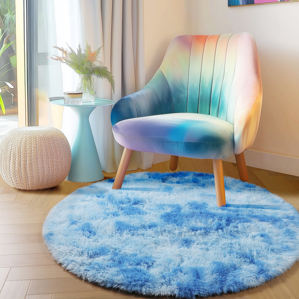 PAGISOFE Fluffy Kawaii Round Rug 4Ft for Girls Bedroom Decor, Purple Rainbow Mermaid Rugs for Kids Playroom, Teen Girl Room, Nursery, Dorm, Cute Furry Pastel Rug, Soft Plush Tent Carpet