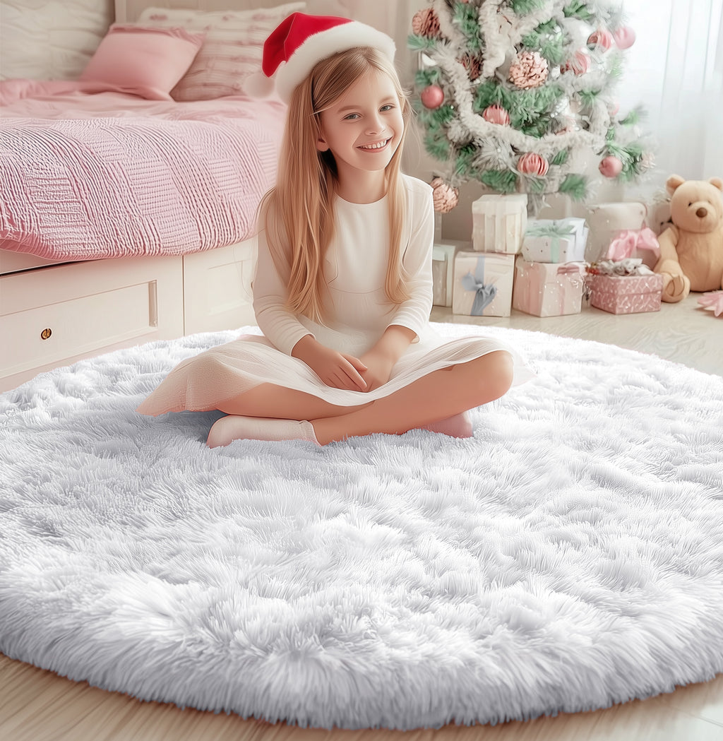 PAGISOFE Fluffy Kawaii Round Rug 4Ft for Girls Bedroom Decor, Purple Rainbow Mermaid Rugs for Kids Playroom, Teen Girl Room, Nursery, Dorm, Cute Furry Pastel Rug, Soft Plush Tent Carpet