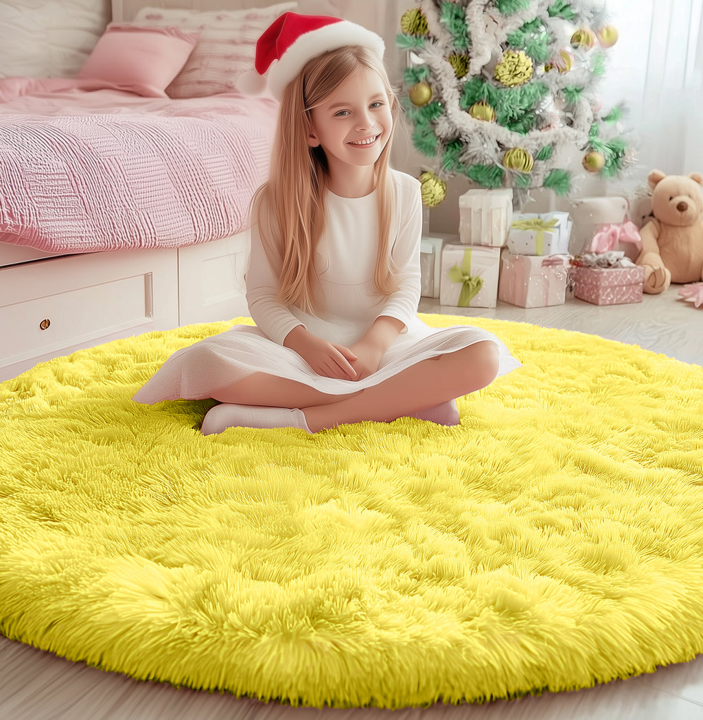 PAGISOFE Fluffy Kawaii Round Rug 4Ft for Girls Bedroom Decor, Purple Rainbow Mermaid Rugs for Kids Playroom, Teen Girl Room, Nursery, Dorm, Cute Furry Pastel Rug, Soft Plush Tent Carpet